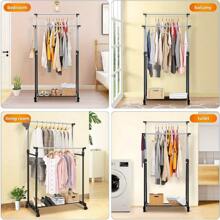Double Rail Clothes Rail, Portable Clothes Rack On Wheels, Extendable Hanging Rails For Clothes,Display Rack For Bedroom Laundry Rooms - Black - View 8