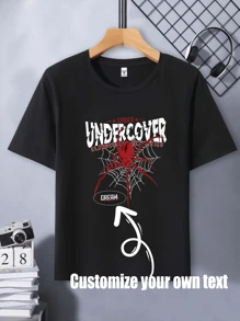 Customizable Kids Boys' Spider Pattern Outdoor Sports Casual Loose T-Shirt With Your Own Text/Name/Message, Black, For Spring & Summer, Autumn - Black - View 1