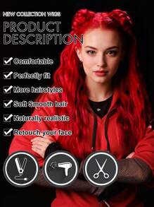 Tóc giả cosplay gợn sóng màu đỏ lấy cảm hứng từ phim dành cho phụ nữ - Mũ lưới hoa hồng chịu nhiệt, tóc tổng hợp xoăn dài cho tiệc hóa trang & sự kiện - Đỏ - Xem 5