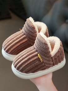 1 Pair Kids Autumn/Winter Casual Anti-Slip Plush Lined House Slippers, Girls Winter Indoor Striped Fluffy Slip-On Warm Closed-Toe Slippers, Children's Birthday/Christmas Gift, Suggest Ordering One Size Up