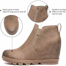 Athlefit Women's Leather Wedge Ankle Boots Stylish Comfort Slip-On Waterproof Leather Platform Booties - Màu Khaki - Xem 4