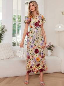 Women's Floral Embroidery Maxi Dress Wedding Guest Dress Evening Party Dress - 紅色 - 查看 5
