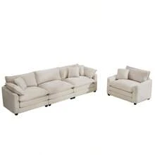 Mid-Century Modern Set Of 2 Sofas With One 3-Seater Sofa And One Single Accent Chair, Light Beige Corduroy Fabric