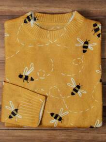 New Women's Casual Fashion Contrasting Bee Pattern Knit Sweater