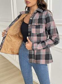 Women's Plaid Long Sleeve Fold-Over Collar Pocket Casual Flannel Shirt, Autumn/Winter,Long Sleeve Tops