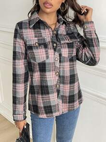 Women's Plaid Long Sleeve Fold-Over Collar Pocket Casual Flannel Shirt, Autumn/Winter,Long Sleeve Tops