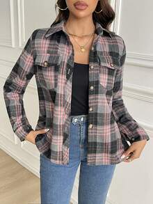 Women's Plaid Long Sleeve Fold-Over Collar Pocket Casual Flannel Shirt, Autumn/Winter,Long Sleeve Tops