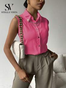 SV Elegant Ladies Shirt With Double Collar Design, Decorated With Metal Chain On The Collar. - Rosa - Ver 4