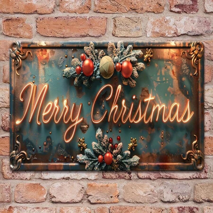 12 英寸 X8 英寸复古金属“圣诞快乐”标志，乡村风格铁艺墙饰，适合家庭和商业装饰，非常适合车库、咖啡厅、酒吧和男人窝 - 彩色 - 查看 1