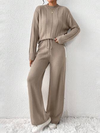 Conjunto de suéter de punto para mujer de primavera/otoño con parte superior holgada, bolsillo grande y pantalones maxi de punto