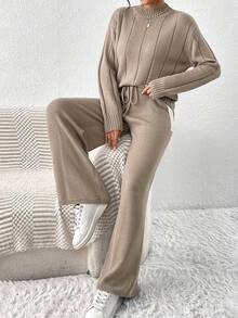 Joy Knit 女士春秋宽松套头衫 - 超大口袋长裤 - 针织毛衣套装