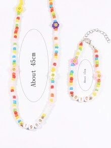 可定制项链 - 随机多种彩色糖果色聚合物粘土笑脸串珠项链和手链套装，可个性化定制姓名、口号、地点、专辑名称、音乐会商品、生日、周年纪念日、送给姐妹、女朋友的礼物 - 彩色 - 查看 2