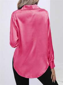 Women's Casual Turn-Down Collar Button Silky Satin-Faced Pique Long Sleeve Blouse - 玫紅色 - 查看 2