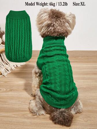 1pc Solid Color Minimalist Twist Knit Vintage Turtleneck Pet Sweater For Large Dogs, Golden Retriever, Poodle, Cats
