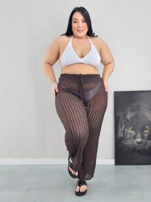 Plus Size Knitted Beach Cover-Up With Adjustable Waistband - Rust Brown - View 2