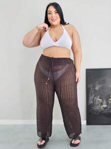Plus Size Knitted Beach Cover-Up With Adjustable Waistband - Rust Brown - View 1