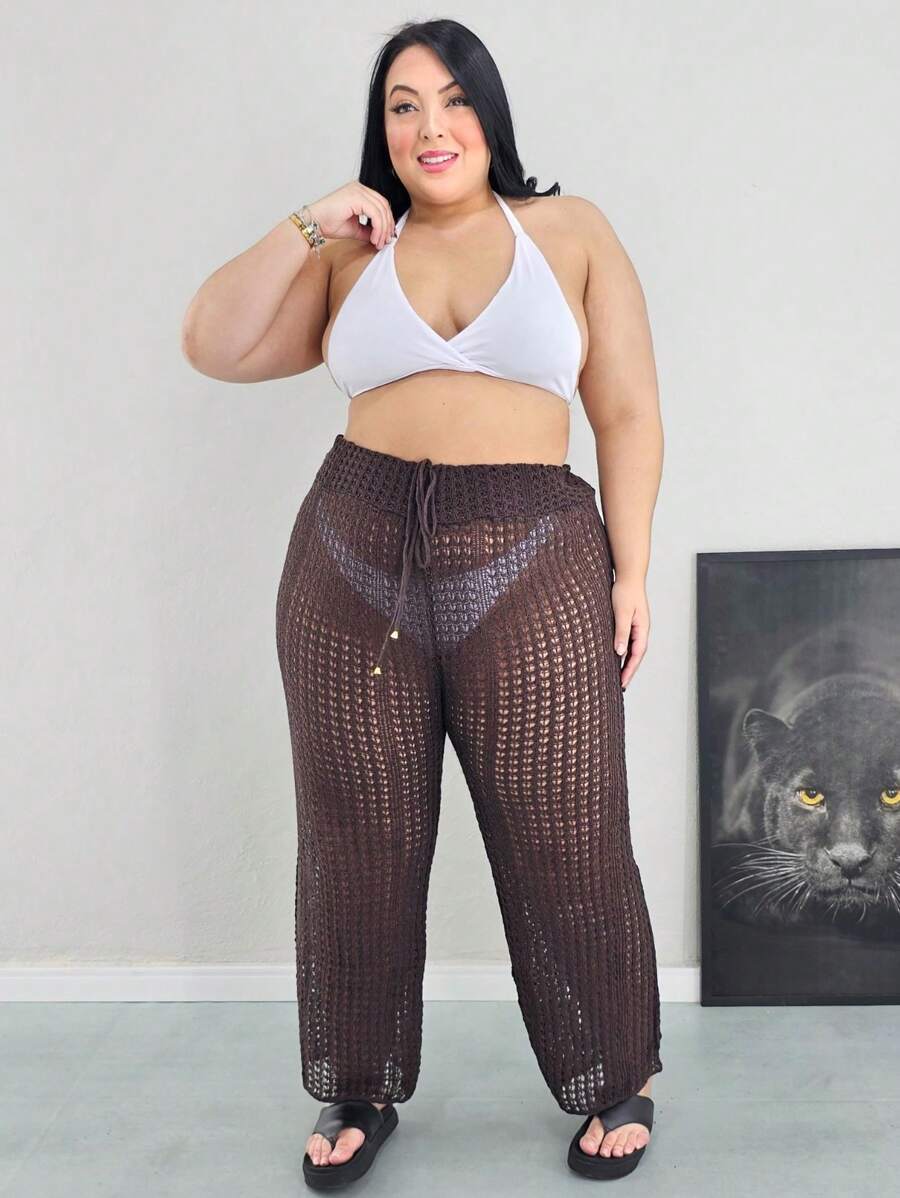 Plus Size Knitted Beach Cover-Up With Adjustable Waistband - Rust Brown - View 1
