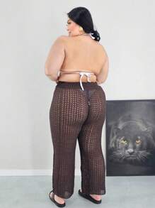 Plus Size Knitted Beach Cover-Up With Adjustable Waistband - Rust Brown - View 3