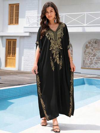 Czarna haftowana marokańska suknia skromna sukienka dekolt w serek rozcięcie swobodne skromne sukienki, kaftan