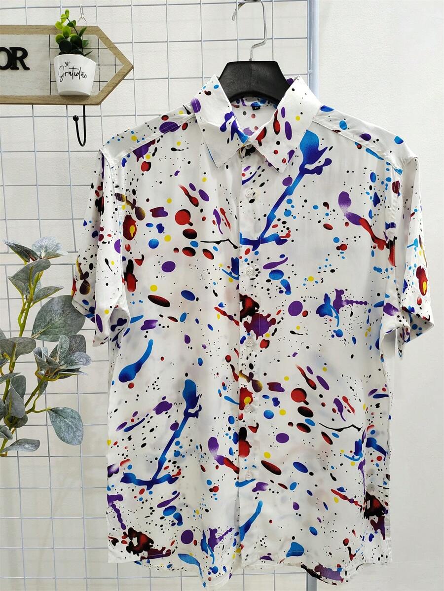 Floral Hawaiian Beach Shirt Summer Men's Short Sleeve Button Down 100% Viscose Fabric Shrinks A Little - 紫色 - 查看 1