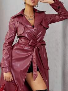 TSUTAYA 纯色翻领系带前开长款 PU 皮革风衣