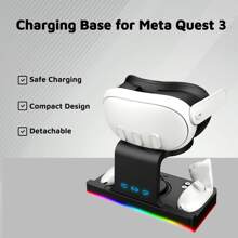 VR Headset & Controllers Wireless Charging Stand With RGB LED Light 2 Rechargeable Batteries For Meta Quest 3 - Black - View 2