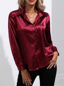 Women Casual Turndown Collar Button Faux Silk Satin Solid Color Long Sleeve Blouse - 酒紅色 - 查看 4
