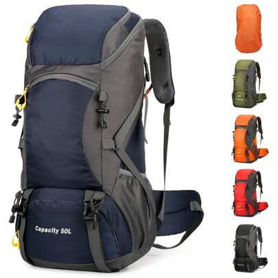 Hiking Backpack Waterproof 50L Foldable Rucksack Durable Lightweight Camping Bag With Rain Cover For Camping Trekking Hiking Walking Cycling Climbing Outdoor Sports For Women Men