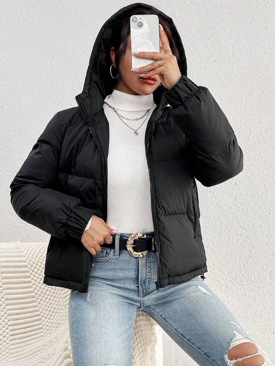 女士纯色连帽加厚外套，冬季 - 黑色 - 查看 1