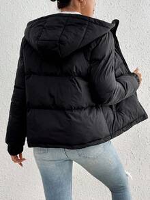 女士纯色连帽加厚外套，冬季 - 黑色 - 查看 2