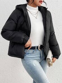 女士纯色连帽加厚外套，冬季 - 黑色 - 查看 3
