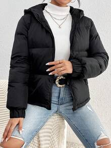 女士纯色连帽加厚外套，冬季 - 黑色 - 查看 6