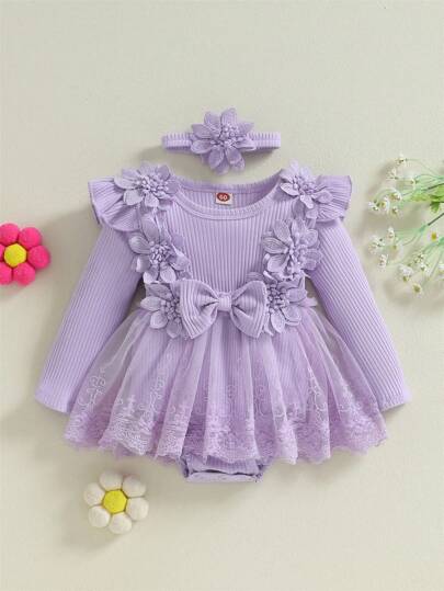 2件套女婴套装 3D花朵蝴蝶结长袖网纱连衣裙连体衣发带可爱罗纹套装