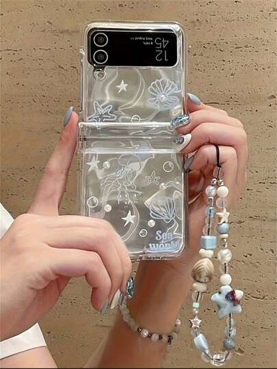 韩国 Y2K 3D 水母海洋动物珍珠水波纹透明手机壳适用于三星 Galaxy Z Flip5 Z Flip6 Z Z Flip3 Z Flip 4 贝壳串珠手链链条可爱卡通后盖