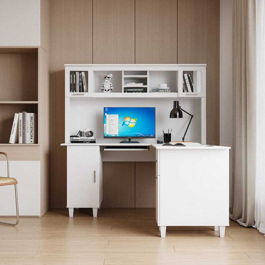WERSMT L Shaped Computer Desk With Drawers Corner Desk Large Storage Gaming Desk Home Office Desks With Bookshelf Easy To Assemble - 白色 - 查看 1