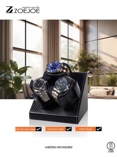 ZOEJOE 1pc ZOEJOE Watch Winder Box, 3 Watch Winders For Automatic Watches, Watch Winding Storage Case Fit Men's And Women's Watches, USB Cable Power Supply, Black Carbon Fiber PU Leather