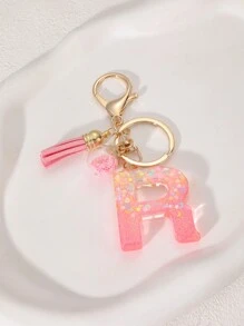 1pc Creative Letter Stone Resin Keychain With Tassel & Butterfly, Letter Pendant Keyring For Girls - Pink - View 29
