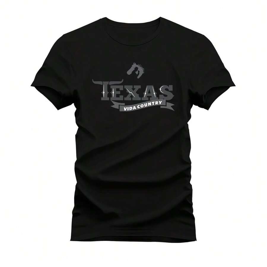 100% Cotton Printed Unisex T-Shirt Texas Country Shirt - 黑色 - 查看 1