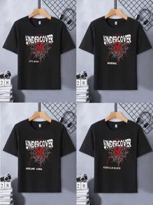 Customizable Kids Boys' Spider Pattern Outdoor Sports Casual Loose T-Shirt With Your Own Text/Name/Message, Black, For Spring & Summer, Autumn - Black - View 2