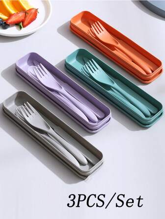 1/2Set Reusable Travel Utensil Set With Box, Portable Plastic Fork Spoon Knife, Camping Cutlery Set, Adult Lunch Utensils, Outdoor Picnic Utensils, Kitchen Tools School Supplies,Back To School