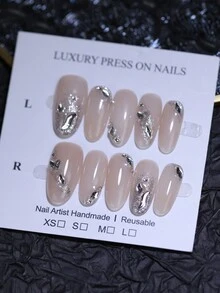 10pcs Oval Short 100% Handmade Press On Nails High Glossy Rhinestones Irregular Nail Decoration Nude Color Manual Nails Fake Nail Tips Reusable Nails For Party And Bride Nail Art Design Nail Products - Apricot - View 3