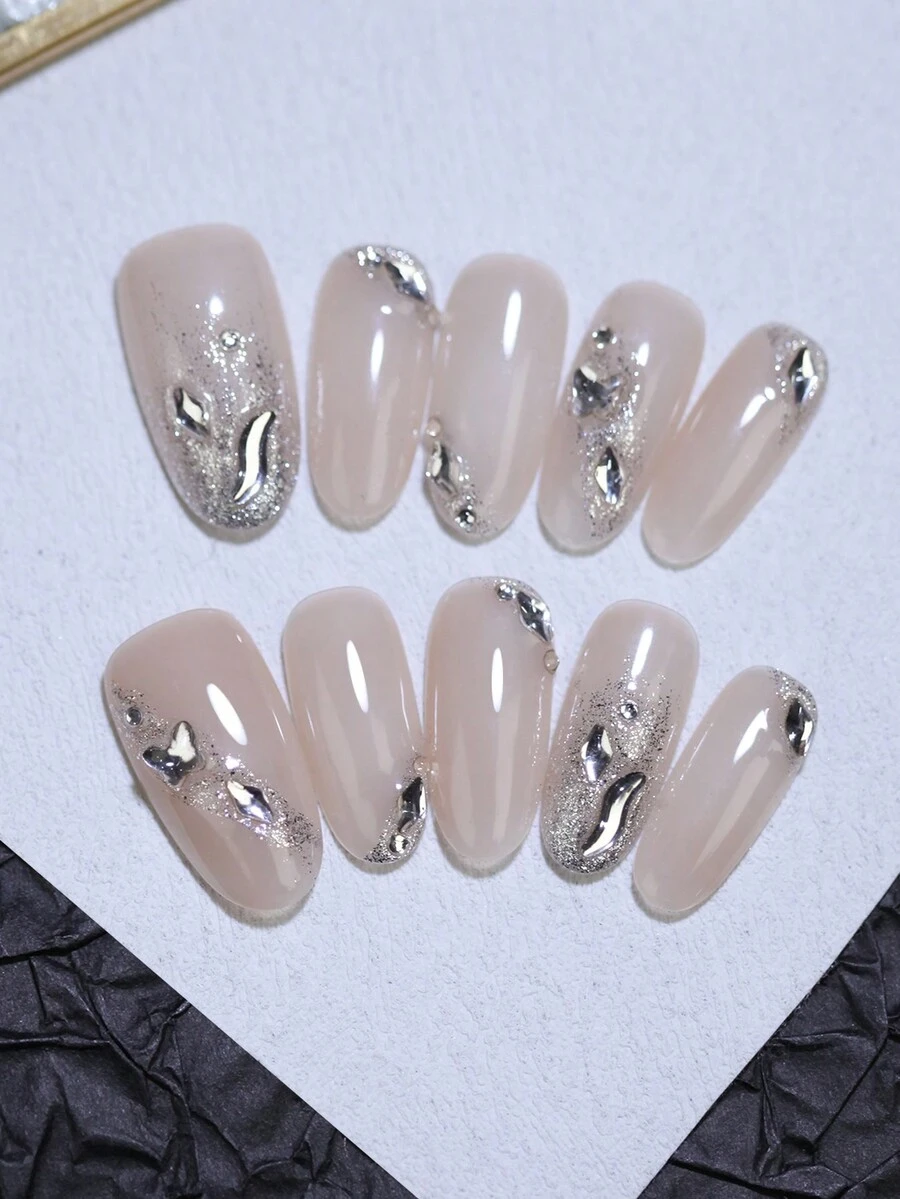 10pcs Oval Short 100% Handmade Press On Nails High Glossy Rhinestones Irregular Nail Decoration Nude Color Manual Nails Fake Nail Tips Reusable Nails For Party And Bride Nail Art Design Nail Products - Apricot - View 1