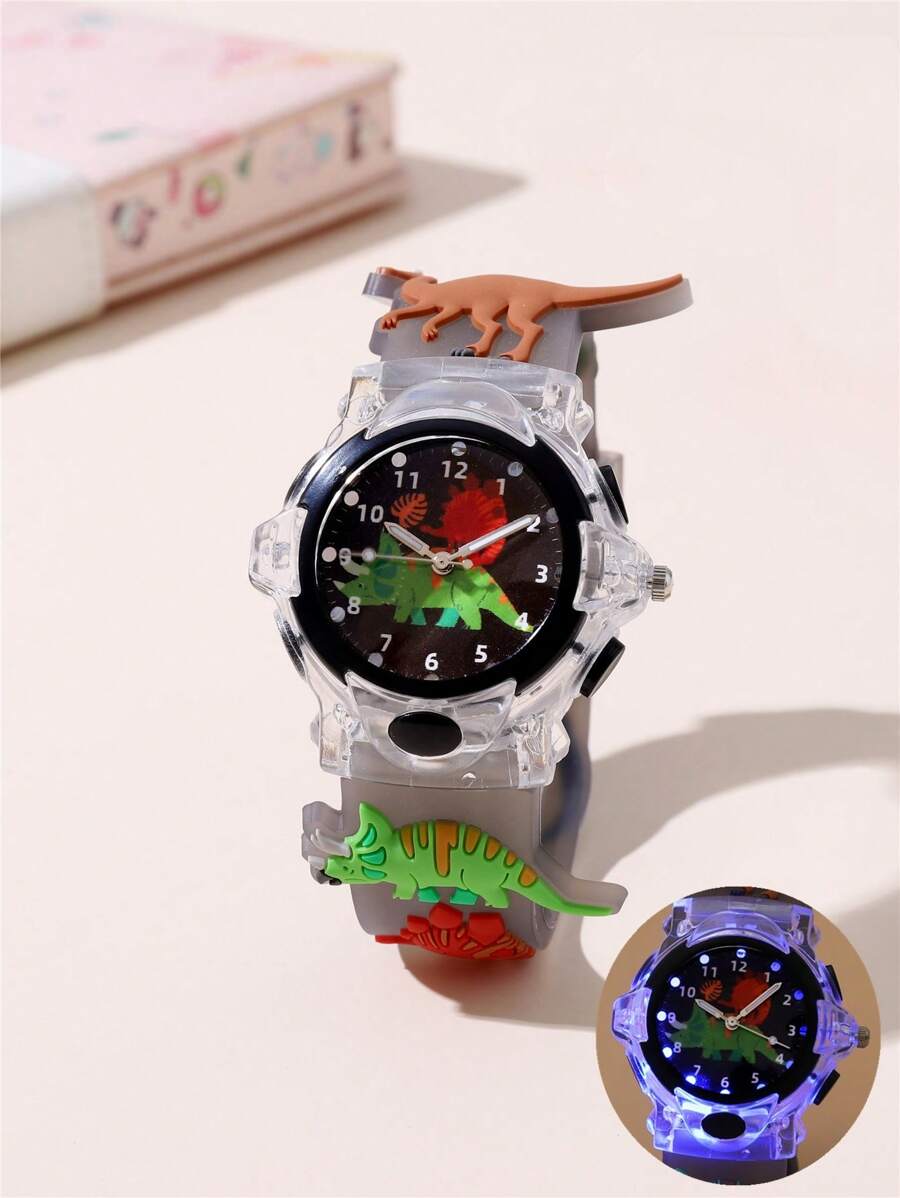 可爱硅胶表带恐龙图案 LED 闪烁石英卡通儿童手表