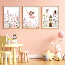 3 件套女孩的仙女印花、仙女墙面艺术、粉色儿童房装饰、女孩儿童房艺术、童话、野花艺术、女孩卧室艺术、帆布墙海报、卧室客厅走廊装饰礼物生日毕业