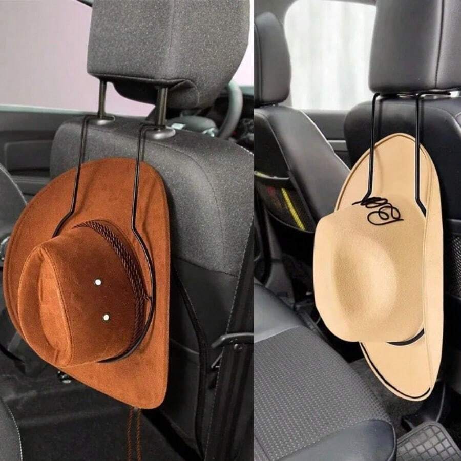 1 pieza Soporte de sombrero para coche, gancho de asiento de coche, estante de almacenamiento de sombrero doblado de metal, organizador de bolsa de almacenamiento - Negro - Ver 1