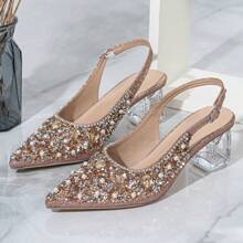 Salto Alto Champanhe Tipo Mary Jane Feminino com Bico Fino, Cristais e Recortes, Elegante, Sapatos de Festa - Champanhe - Visão 7