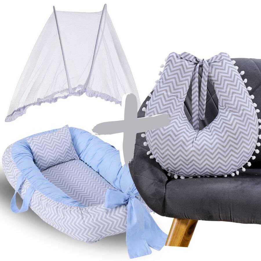 MeF Mae e Filho Baby Crib Reducer Nest Kit + Breastfeeding Pillow + Removable Portable Mosquito Net - 灰色 V 字形搭配藍色 - 查看 1