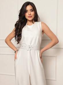 Women's Long Jumpsuit With Belt Sensoriale Fabric - 白色 - 查看 4