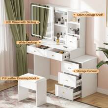 Dressing Table With Mirror And Stool, Modern Vanity Makeup Desk With Sliding Lights Mirror, 6 Drawers And Open Shelves For Bedroom - White - View 3