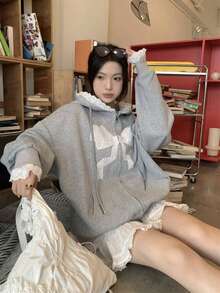 女士休闲蝴蝶结撞色蕾丝连帽拉链运动衫夹克秋冬季长袖上衣 - 灰色 - 查看 10